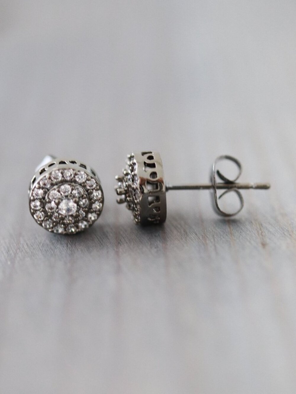 Round Pave CZ Diamond Stud Earrings Gray Stainless Steel